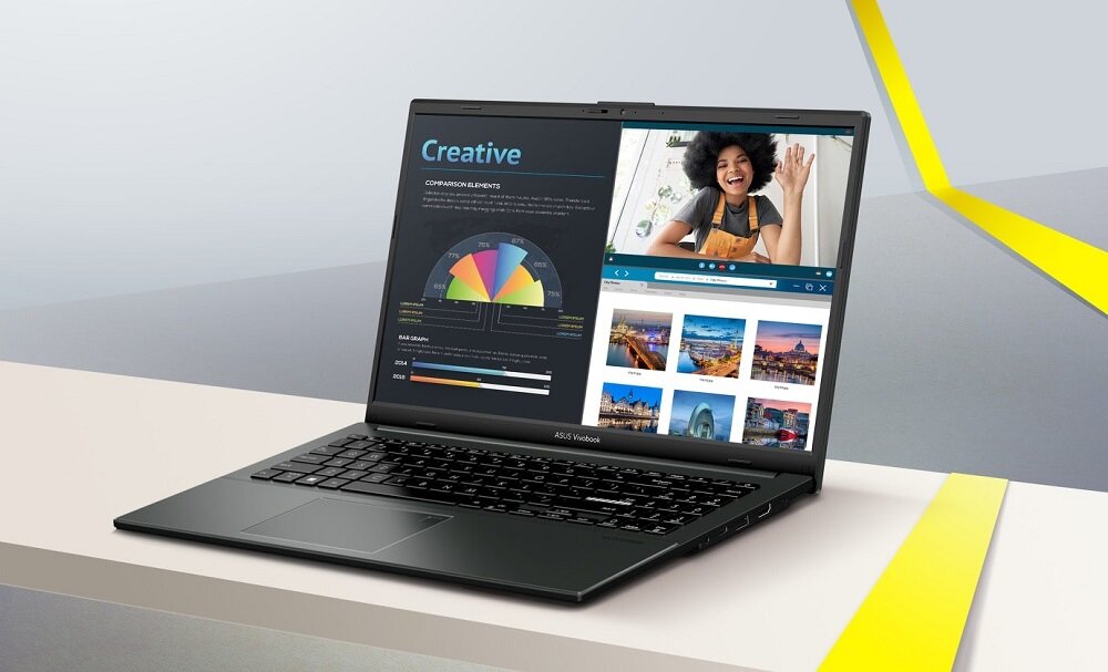 Laptop Asus Vivobook Go 15,6' 8/512GB grafika przedstawia laptop pod skosem stojący na blacie