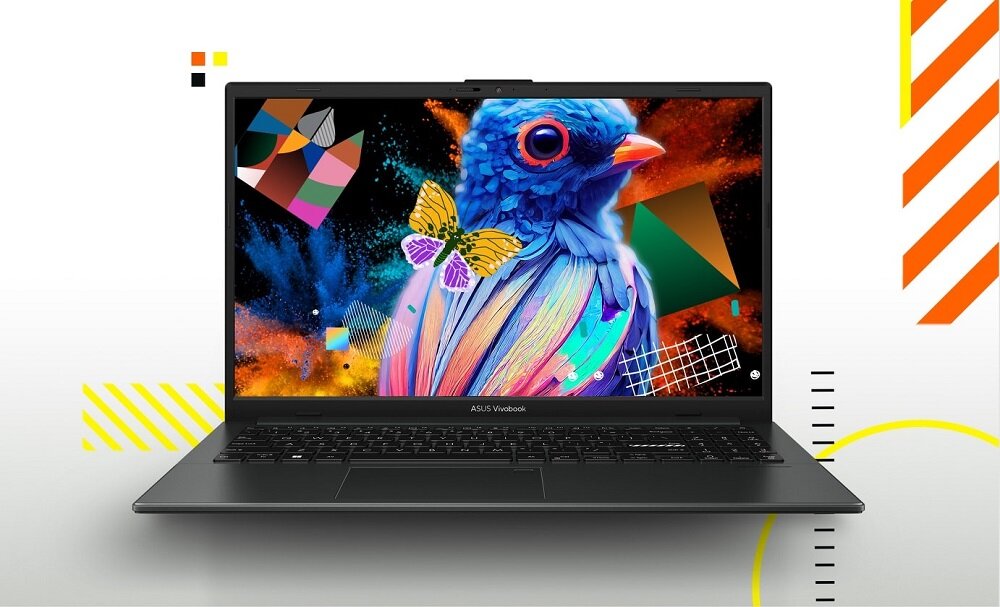 Laptop Asus Vivobook Go 15,6' 8/512GB grafika przedstawia laptop od frontu wyświetlający namalowanego ptaka