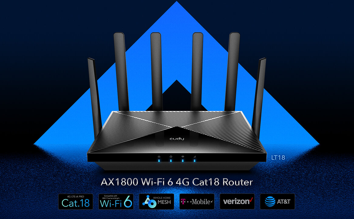Router Cudy LT18 Wi-Fi 6 4G widok routera od przodu na niebiesko czarnym tle z widocznymi certyfikatami