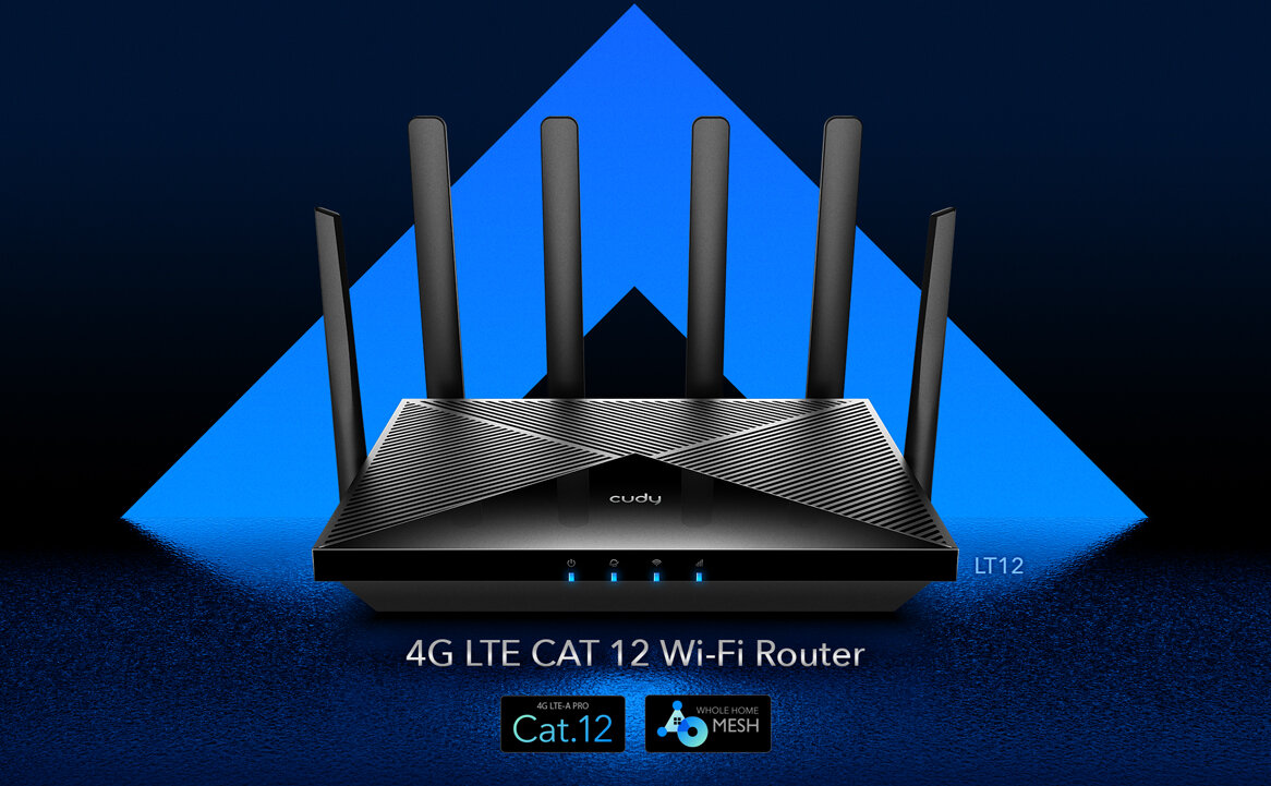 Router Cudy LT12 LTE widok routera od przodu na ciemno niebieskim tle