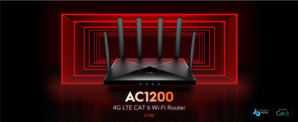 Router Cudy LT700 4G widok routera od przodu na czarno czerwonym tle z certyfikatem Mesh i LTE Cat.4