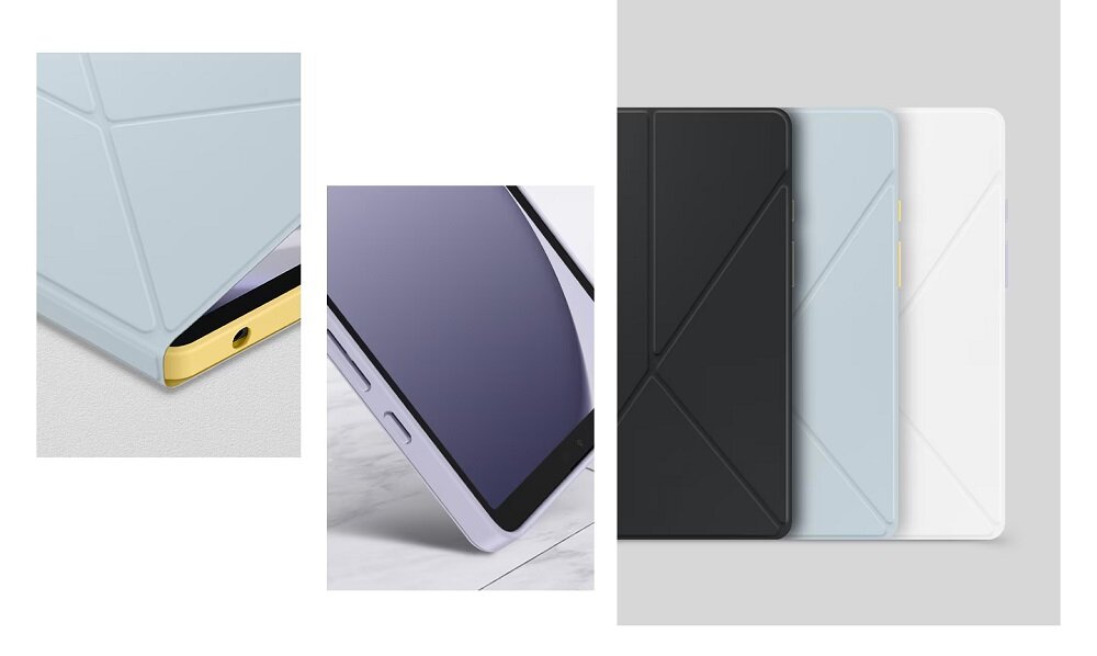Etui Samsung Book Cover Galaxy Tab A9 czarne widok na róg i bok niebieskiego etui oraz widok na przód etui w kolorze czarnym, niebieskim i białym