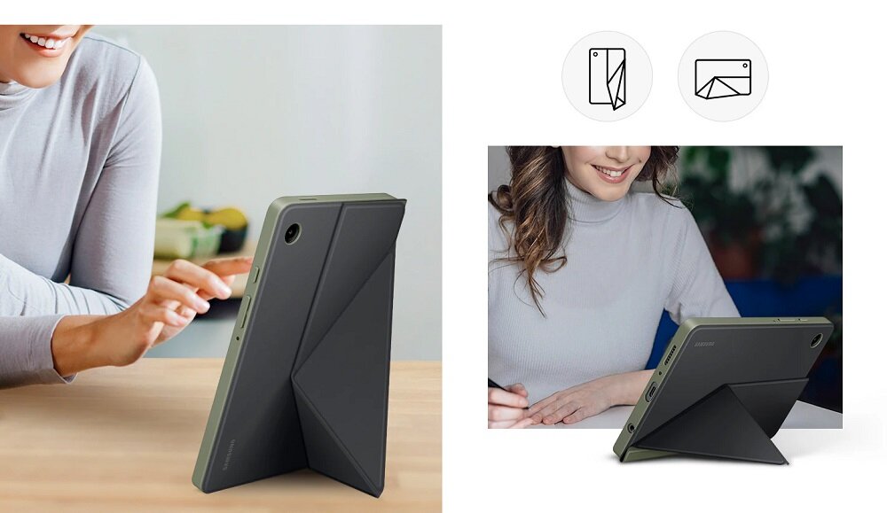 Etui Samsung Book Cover Galaxy Tab A9 białe widok na tablet w etui ustawionym w pozycji pionowej oraz poziomej
