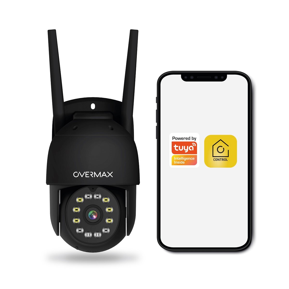 Kamera Overmax Camspot 4.95 biała WiFi widok kamery od przodu i smartfonu  z aplikacją Tuya