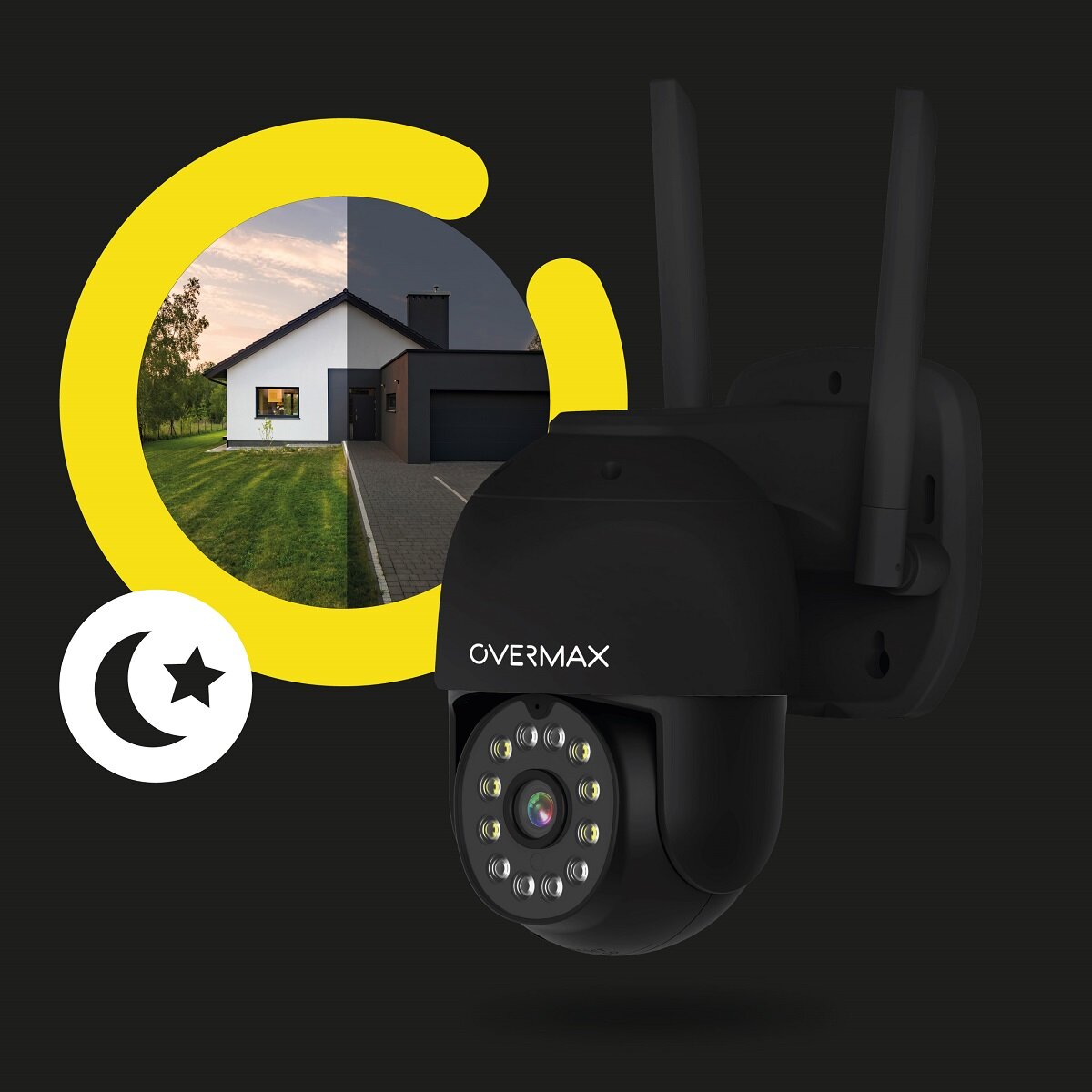 Kamera Overmax Camspot 4.95 biała WiFi widok kamery pod skosem na tle domu