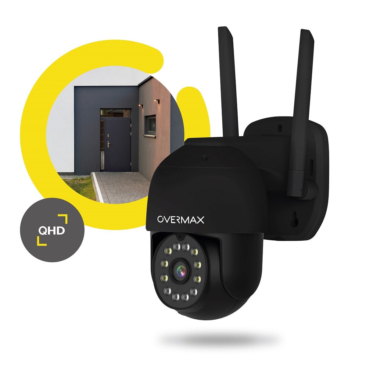 Kamera Overmax Camspot 4.95 biała WiFi widok kamery pod skosem na tle drzwi wejściowych do domu