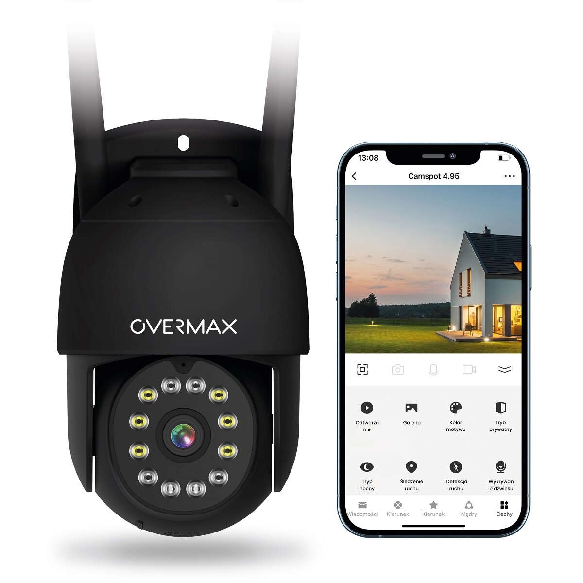 Kamera Overmax Camspot 4.95 biała WiFi widok kamery od przodu oraz smartfonu
