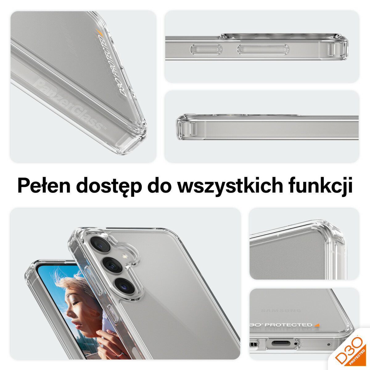 Etui PanzerGlass HardCase D3O Samsung Galaxy S24 przezroczyste widok na boki telefonu z różnych perspektyw
