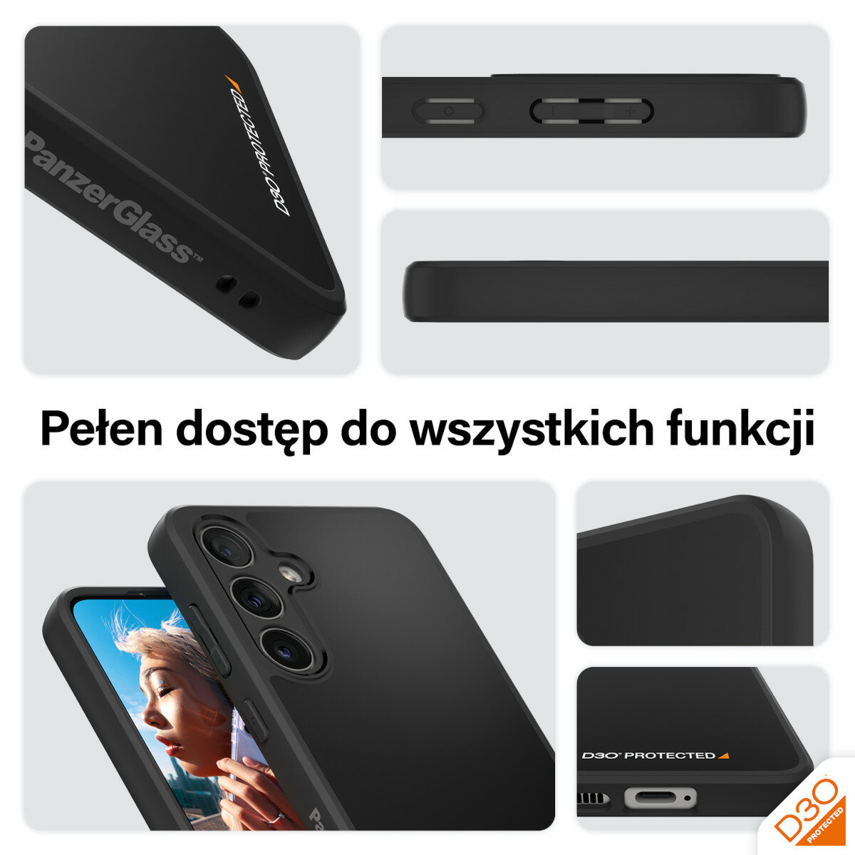 Etui PanzerGlass HardCase D3O Samsung Galaxy S24 czarne widok na boki telefonu z różnych perspektyw