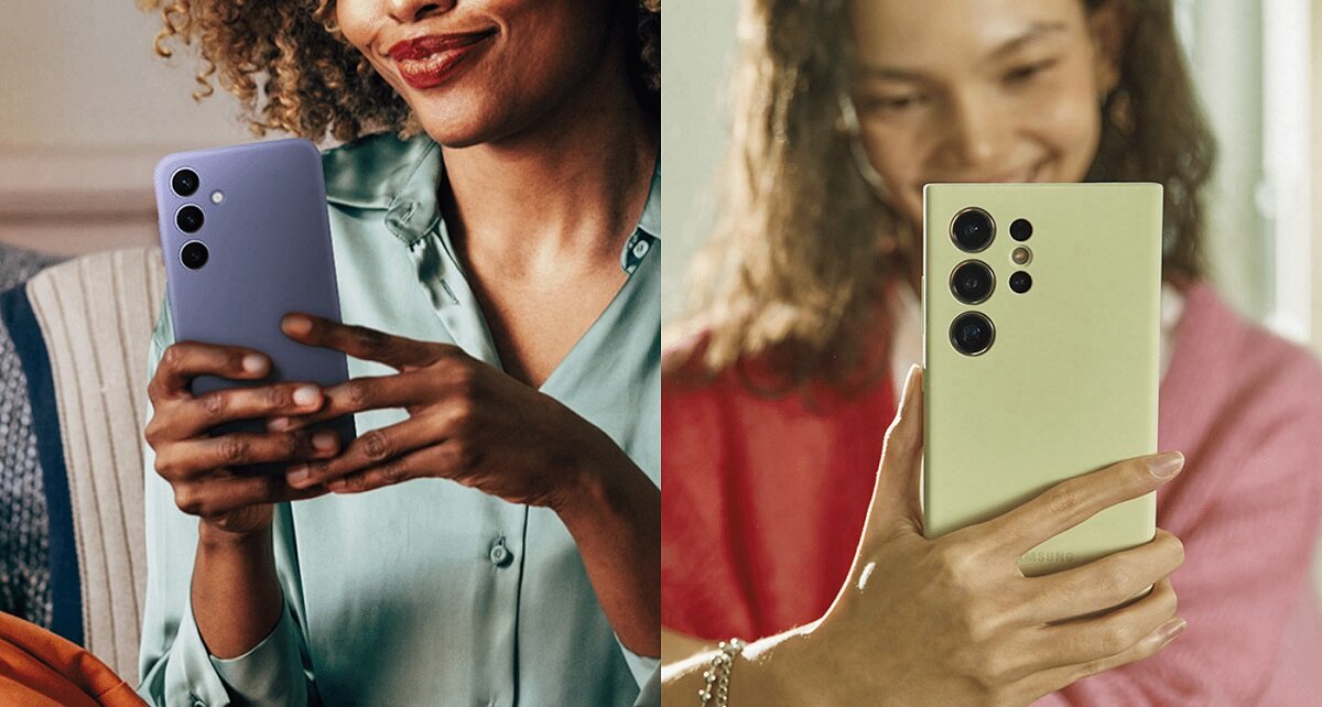 Etui Samsung Silicone Case grafika przedstawia dwie kobiety używające smartfonów w etui