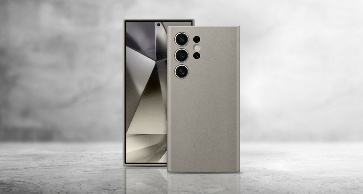 Etui Samsung Vegan Leather Case Galaxy S24 czarne widok na dwa smartfony w etui od frontu i tyłu