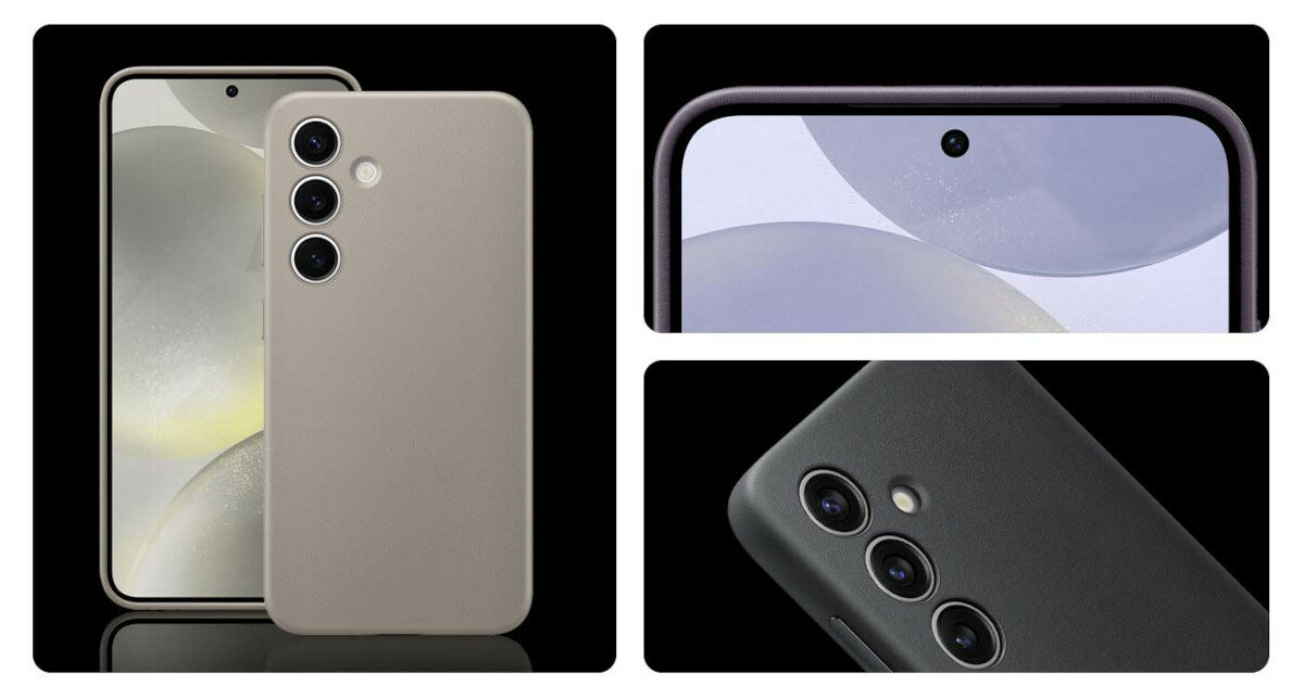 Etui Samsung Vegan Leather Case Galaxy S24 czarne grafika przedstawiająca smartfona w etui z różnych stron