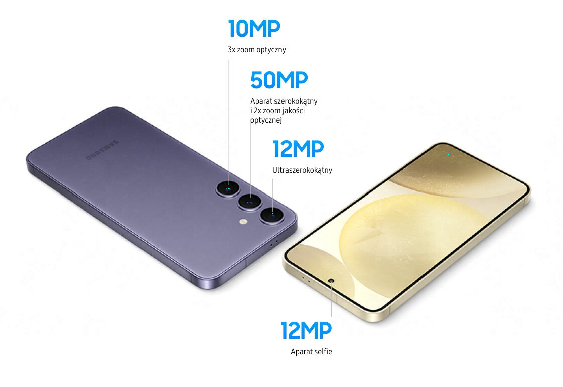 Smartfon Samsung Galaxy S24 SM-S921BD 8/256GB Fioletowy grafika przedstawiająca dwa smartfony i ich aparaty