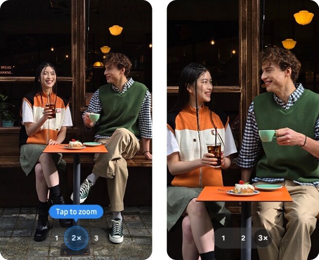 Smartfon Samsung  S24+ SM-S926BD 12/256B fioletowy widok na dwa zdjęcia z różnymi opcjami przybliżenia