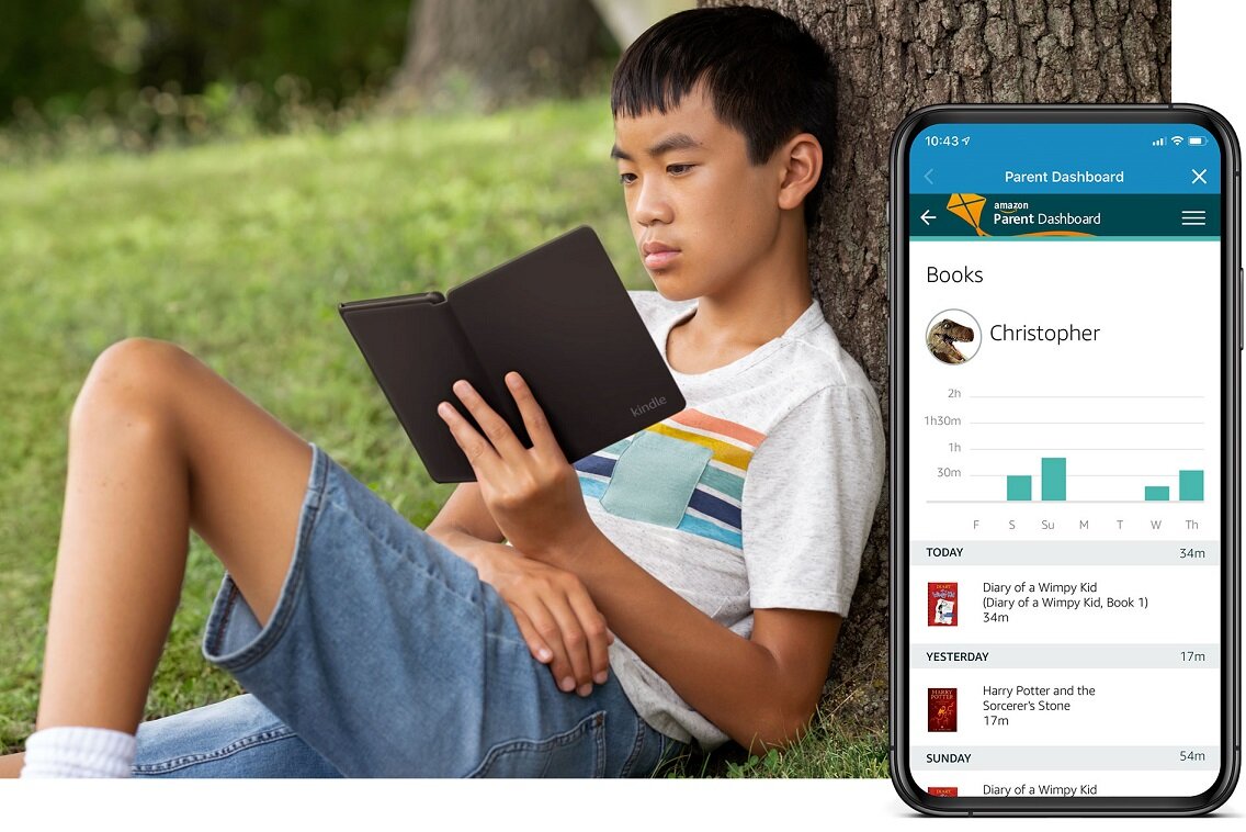 Czytnik ebook Amazon Kindle Paperwhite Kids 8 GB czarny widok na chłopca czytającego pod drzewem oraz widok na smartfon z wyświetlonym panelem rodzica na ekranie