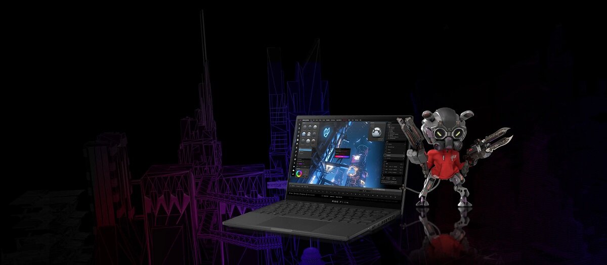 Laptop Asus ROG Flow X13 GV302 13,4 AMD Ryzen™ 9 7940HS pod skosem obok maskotki ROG