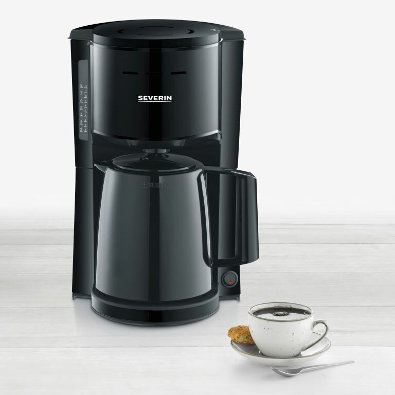 Ekspres do kawy Severin KA 9306 grafika przedstawia ekspres od frontu oraz szklankę kawy
