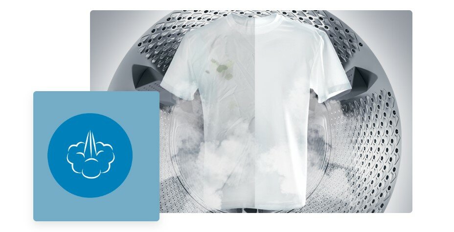 Pralka Beko WUE6512WWE grafika przedstawia bęben pralki oraz koszulkę