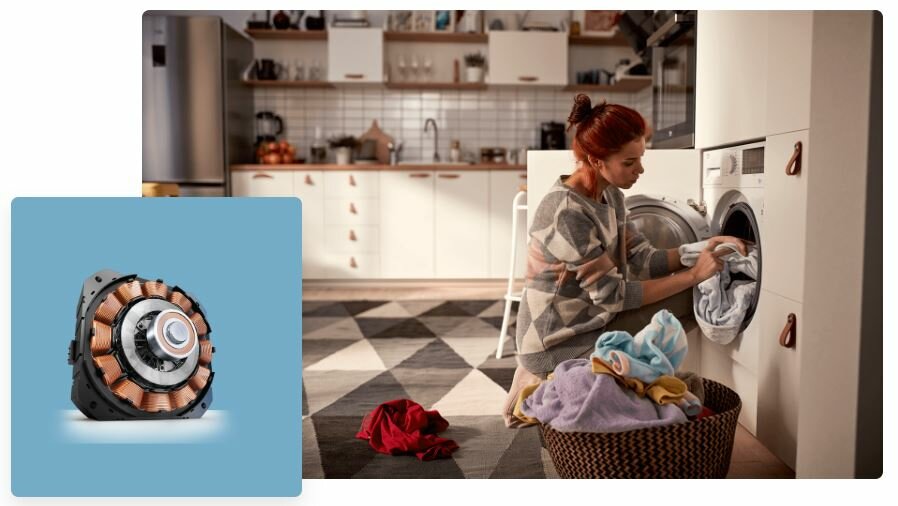 Pralko-suszarka Beko B5DFT584427WPB grafika przedstawia kobietę robiącą pranie
