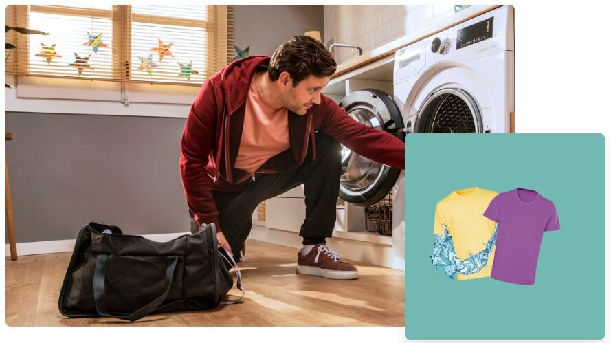 Pralko-suszarka Beko B5DFT584427WPB grafika przedstawia mężczyznę robiącego pranie