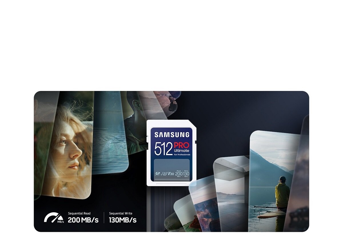 Karta pamięci Samsung Pro Ultimate 2023 SD widok od frontu na tle zdjęć