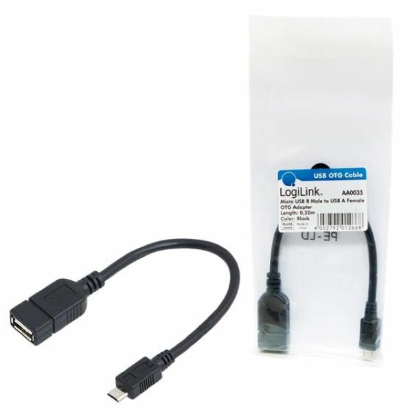 Kabel Logilink USB OTG AA0035 czarny widok pod kątem z opakowaniem