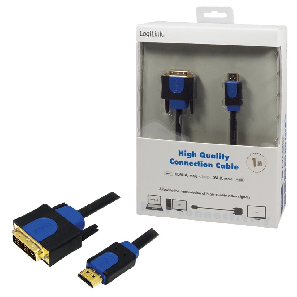 Kabel HDMI-DVI Logilink CHB3101 1m widok pod kątem na złącza i opakowanie