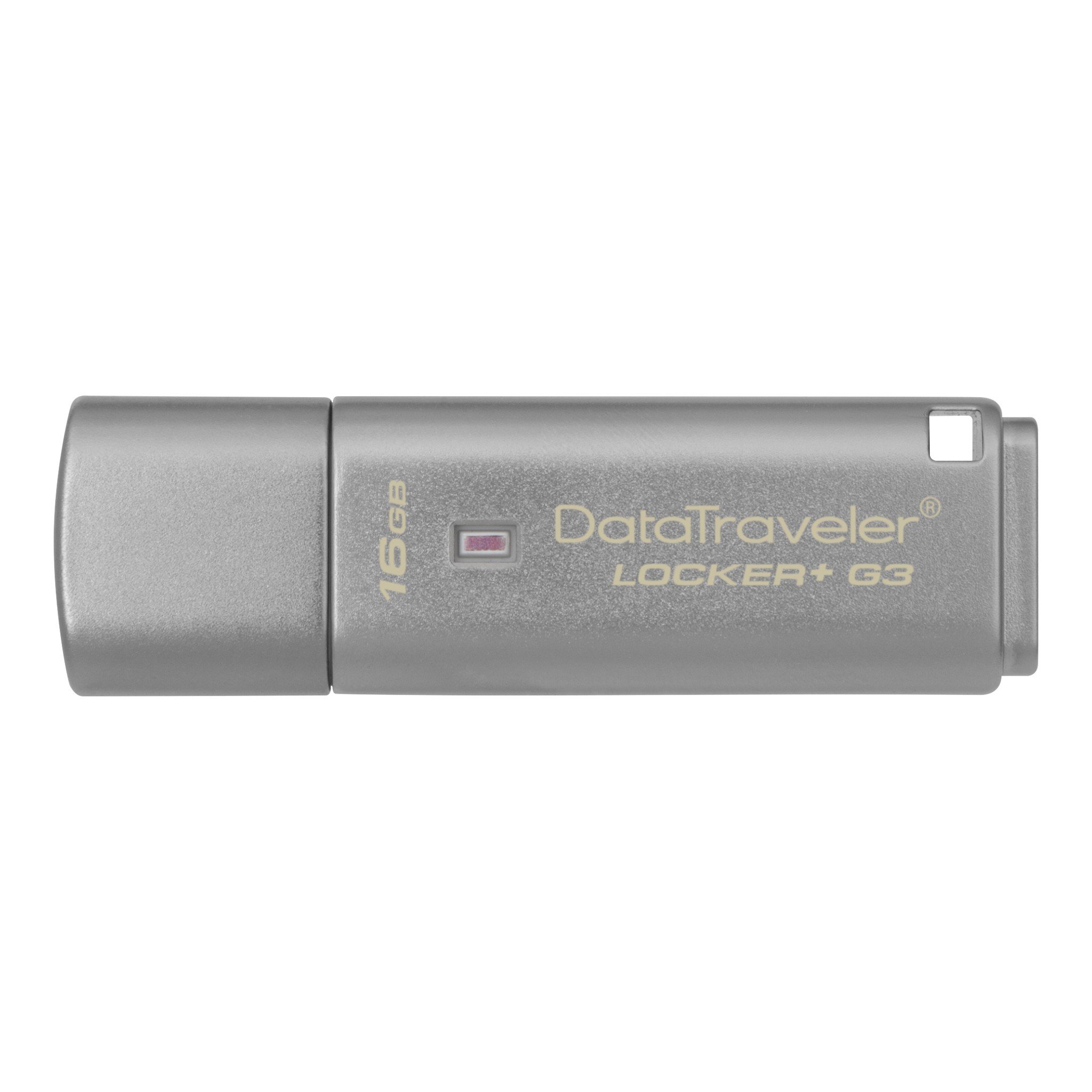 Pamięć Kingston 16GB DataTraveler Locker+ G3 USB 3.0 135MB/s DTLPG3/16GB szary widok od przodu na pendrive w poziomie