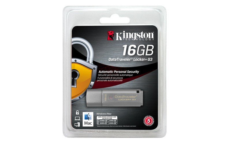 Pamięć Kingston 16GB DataTraveler Locker+ G3 USB 3.0 135MB/s DTLPG3/16GB widok przodem na pendrive w opakowaniu