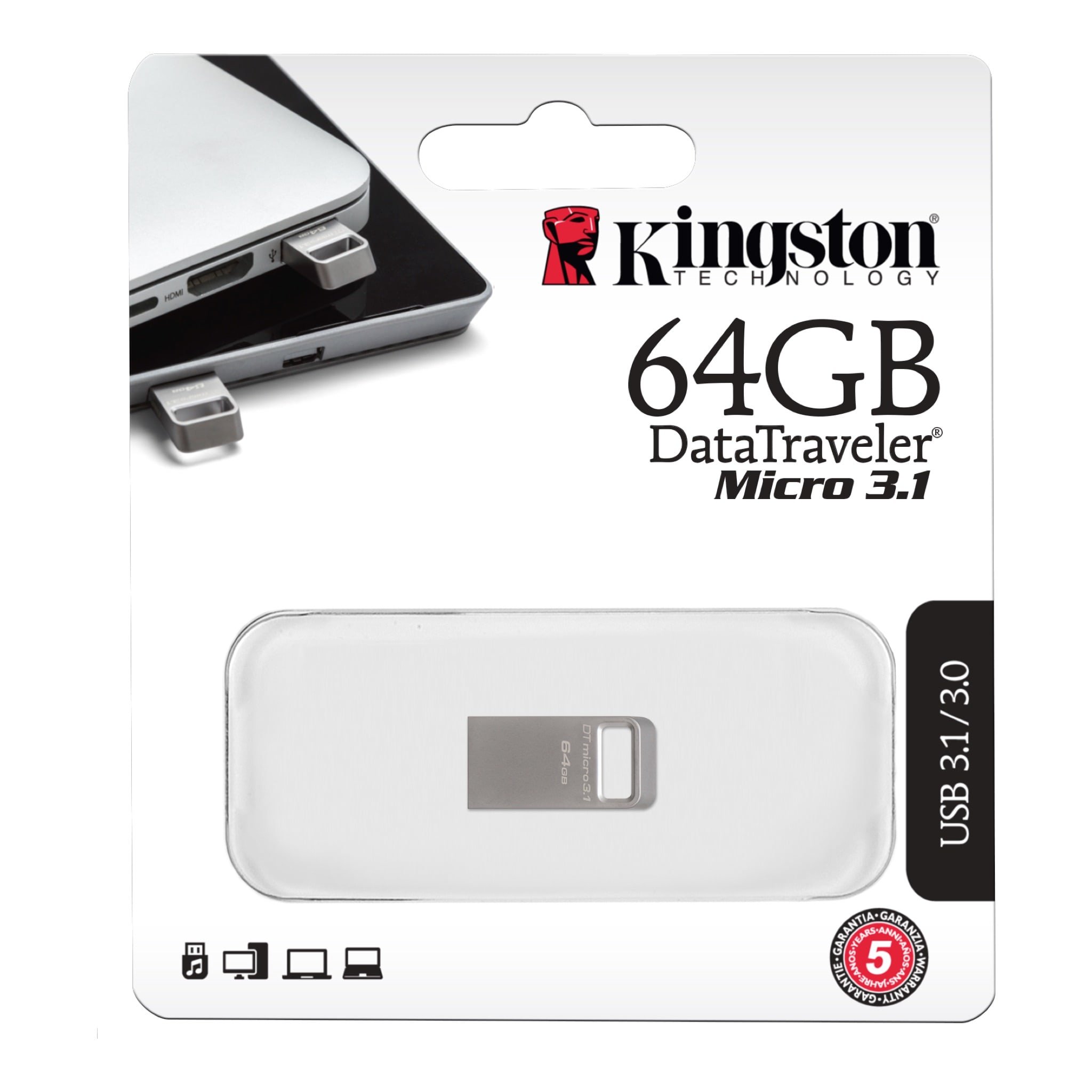 Pamięć Kingston 64GB DataTraveler Micro 3.1 100MB/s DTMC3/64GB szary w opakowaniu widok od przodu