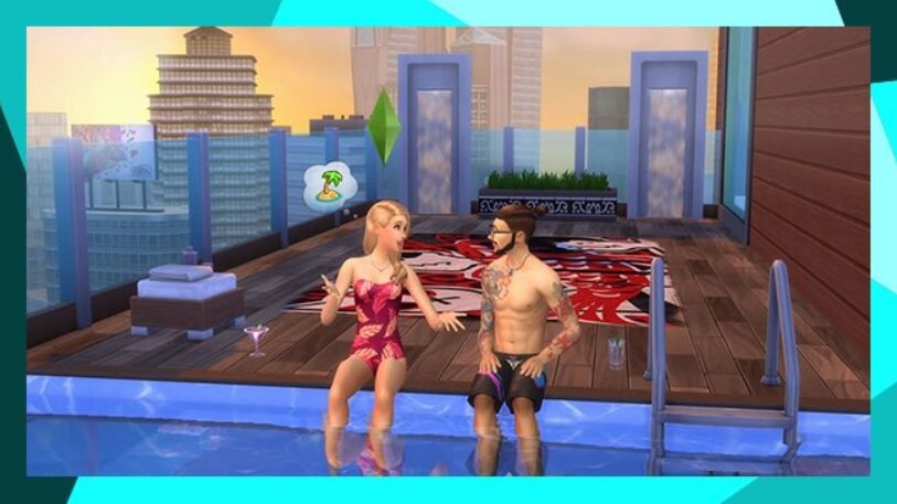 Dodatek do gry Electronic Arts The Sims 4 Miejskie życie na PC pokazana para Simów w basenie