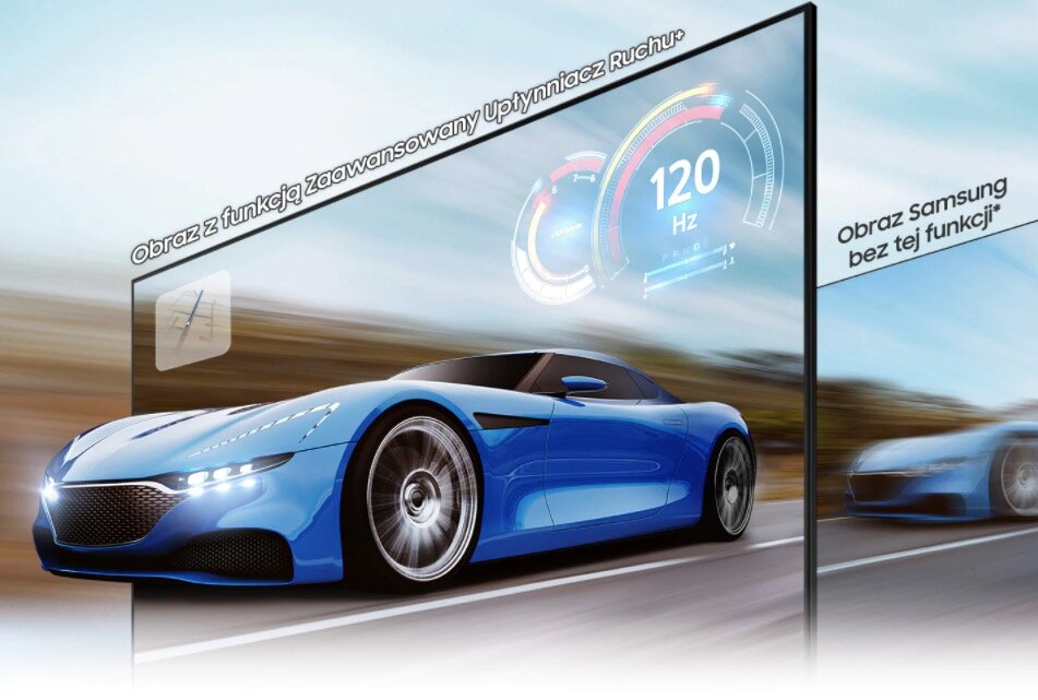 Telewizor Samsung QE85QN900AT 8K widok pod kątem na ekran przedstawiony interfejs gry konsolowej