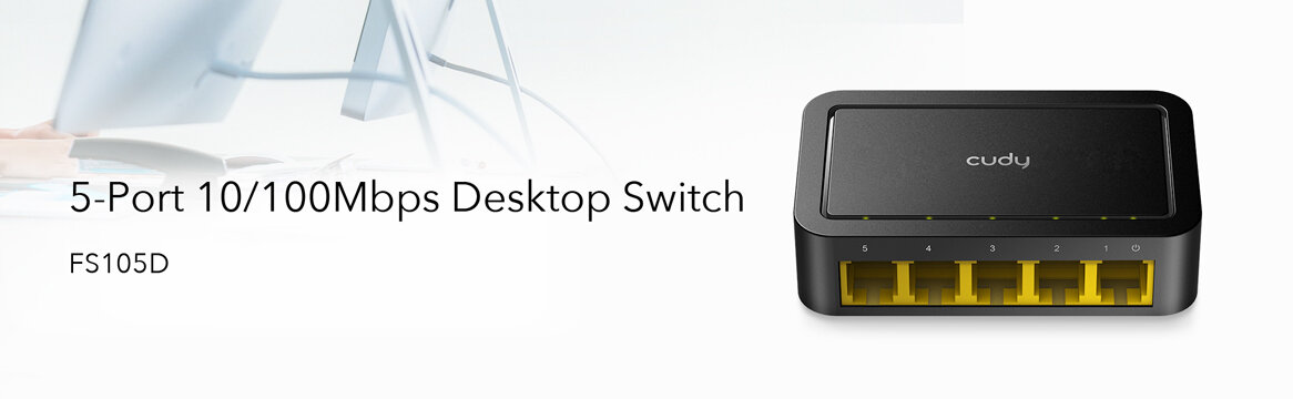 Switch Cudy FS105D 10/100Mbps widok switcha od przodu z infomracją o 5 portach